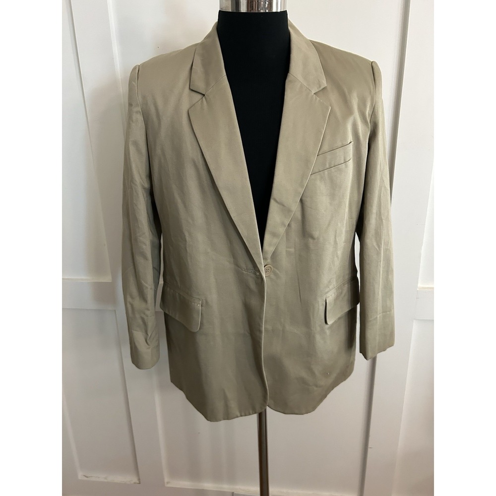 VTG Herman Geist Business Blazer Womens Sz 14 100% Cotton Khaki Tan ONE BUTTON